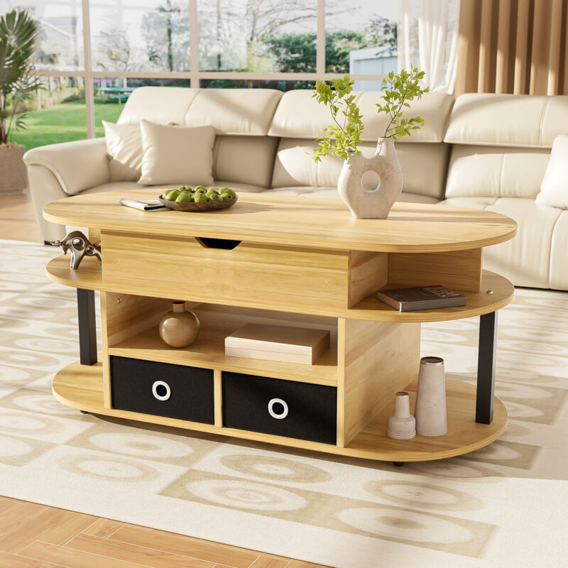 Stilvora Couchtisch Mit Hebefunktion Mit 2 Stoffschubladen Und Stauraum, Holzmaserung, Schwarz