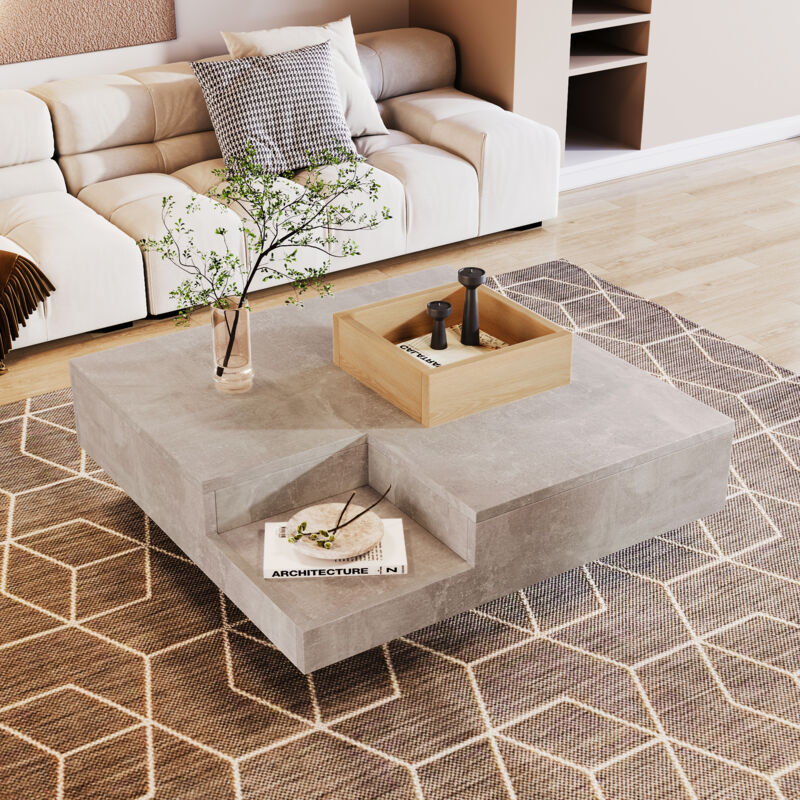 Stilvora Couchtisch Mit Herausnehmbarer Aufbewahrungsbox, Betonoptik Grau Und Holzoptik, Aus Spanplatte, 72×72×30 Cm