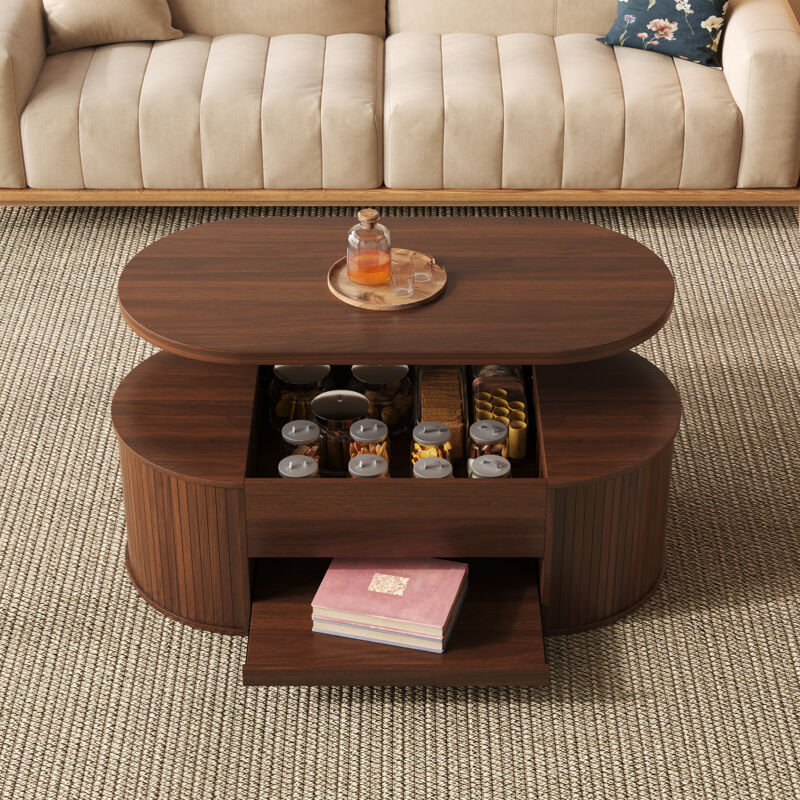 Modenvie Couchtisch Mit Klappbarer Tischplatte Und Ausziehbarer Ablage, Verdecktem Stauraum, Für Wohnzimmer, Mdf, Naturwalnuss