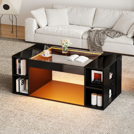 Couchtisch mit LED-Beleuchtung, gehärtetem Glas und mittiger Öffnung, Holz, 100 x 50 x 40 cm, schwarz