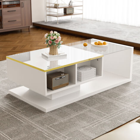 Couchtisch mit LED-Beleuchtung, Tischplatte aus gehärtetem Glas und offenen Regalen, Spanplatte, 100 x 50 x 32,5 cm, weiß