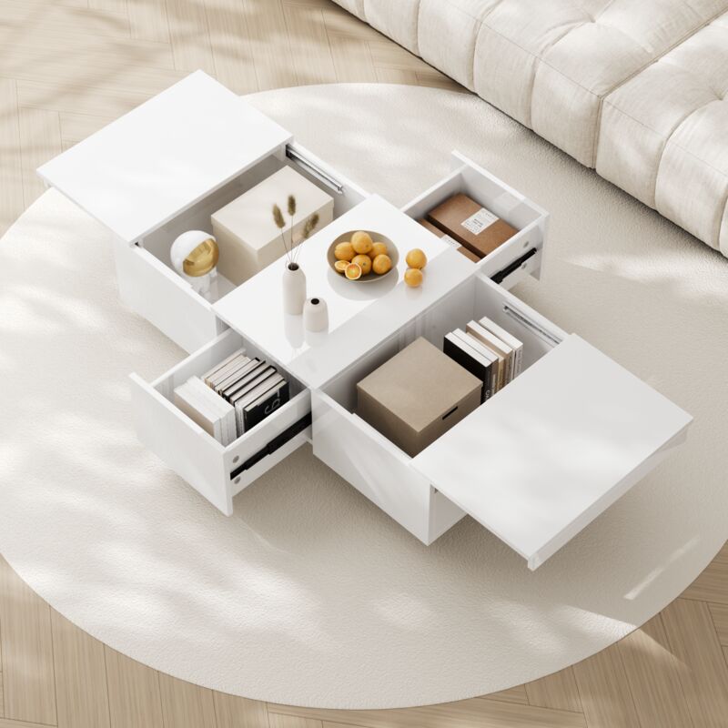 Stilvora Couchtisch Mit Push-pull-stauraum Und 2 Schubladen Beidseitig, Hochglanz-oberfläche, 100 × 50 × 31 Cm, Weiß