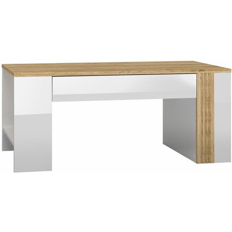 Couchtisch mit Schublade Eiche Castello Nb. mit weiß Hochglanz AKRON-131, B/H/T: ca. 109/48/60 cm