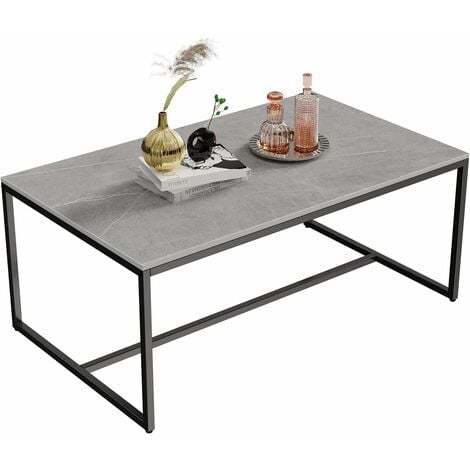 Couchtisch Modern Marmor rechteckig Wohnzimmertisch Kaffeetisch, Beistelltisch mit Metallgestell, Grau 100x60x42cm