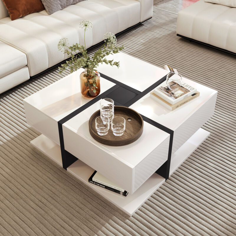 Stilvora Couchtisch Quadratisch Mit 4 Schubladen Und Ablage, Liniendesign, Hochglanz Weiß, Aus Spanplatte, Weiß, 78×78×36 Cm