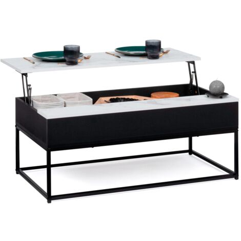 Couchtisch rechteckige Hubplatte ALASKA Marmor- und Holzeffekt schwarz Metallfuß