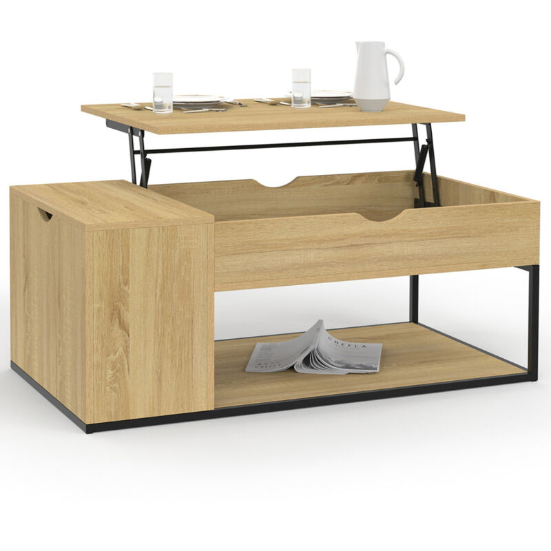 Idmarket Beige - Couchtisch Rechteckige Hubplatte Detroit Mit Truhe Industriedesign