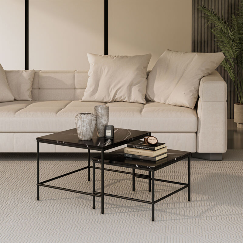 Couchtisch-set Ramio, Schwarzer Marmor, 60 X 60 Cm 2 Teile, Vicco