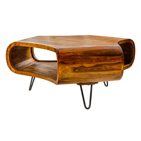 Couchtisch Sheesham Holz Metall 90 x 38 x 80 cm mit Fach Hairpin Legs Wohnzimmertisch