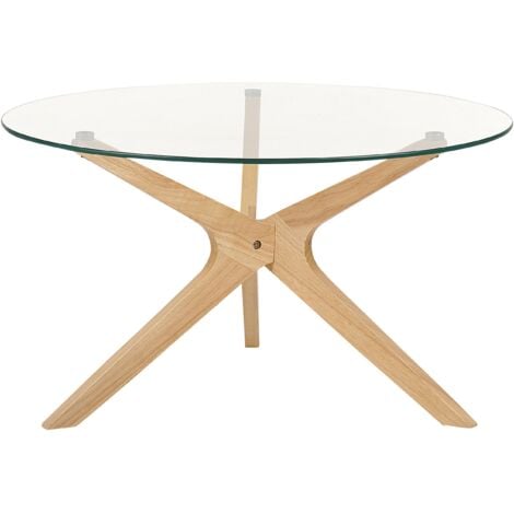 Couchtisch Transparent Sicherheitsglas ø 80 cm Rund mit X-Beinen Hellbraun Gummibaumholz Modern Wohnzimmer Schlafzimmer Ausstattung Möbel