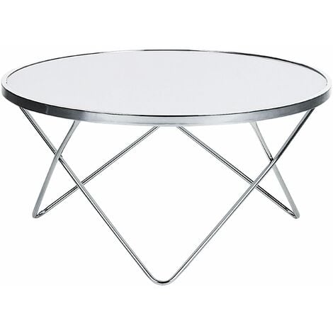 Couchtisch Weiß mit Silber Sicherheitsglas Metall 40 x 80 cm V förmigen Füße Glänzend Universell Rund Modern