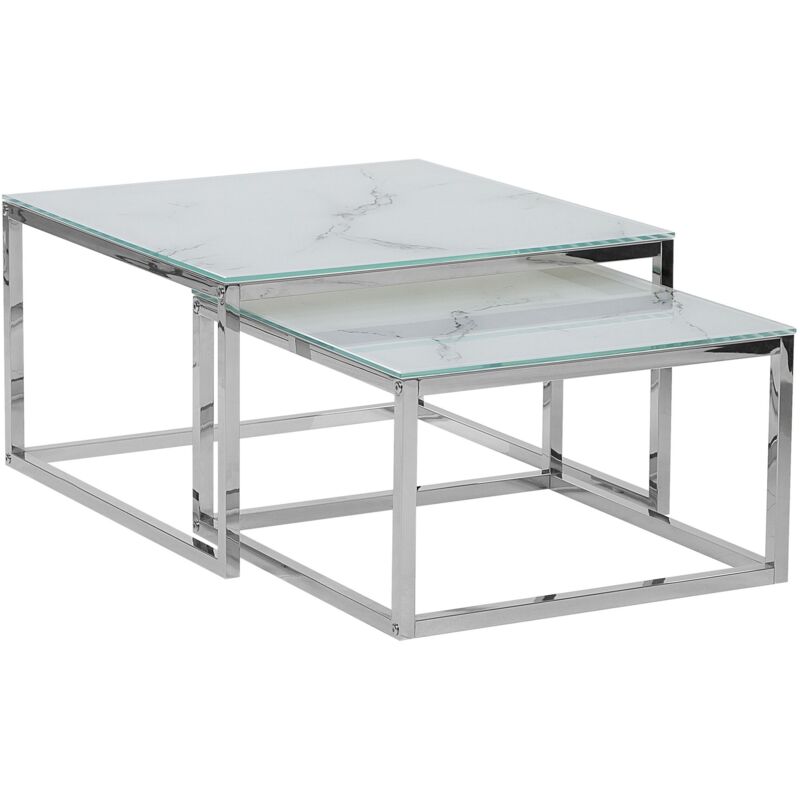 Beliani Couchtisch 2er Set Weiß Mit Silber Glastischplatte Metallbeinen Poliert Marmor Optik Glänzend Minimalistisch Quadratisch Modern