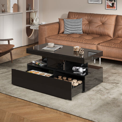 Couchtisch, Wohnzimmertisch, Salontisch, LED-Couchtisch in Hochglanz mit Stauraum und APP-/Fernbedienung, modernes zweischichtiges Design, Schwarz