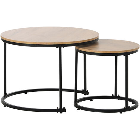 Couchtisch,(2 in 1, 2er-Set), Runde Satztische, Beistelltisch mit stabiles Eisengestell, 70.5 x 70.5 x 50 cm,Eiche, Industrie-Design, KINSI