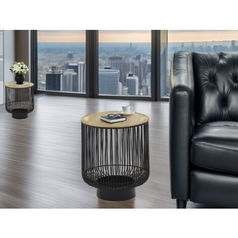 Couchttisch 2 teilig Korbtisch Metall Schwarz mit Tischplatte Gold, Höhe 46cm