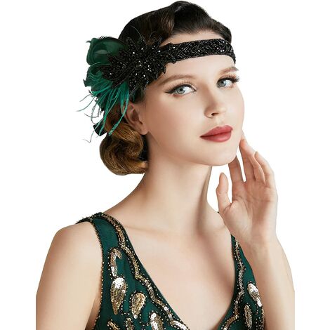 Coucoland 1920s Bandeau de Plumes pour Femme Style Années 20 Bandeau à Cheveux Charleston Accessoire de Déguisement Taille Unique Vert Foncé