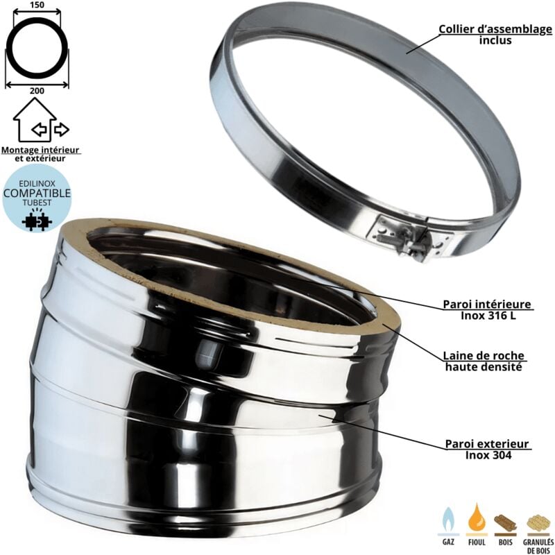 Coude 15 degrés conduit double paroi isolé Ediliso25 Edilinox Diamètre 150