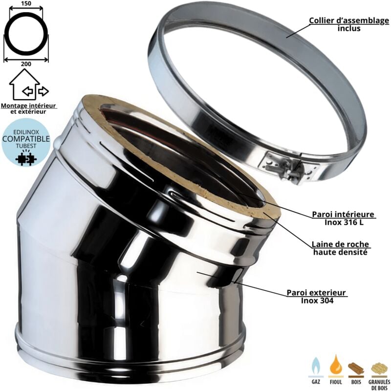 Coude 30 degrés conduit double paroi isolé Ediliso25 Edilinox Diamètre 150