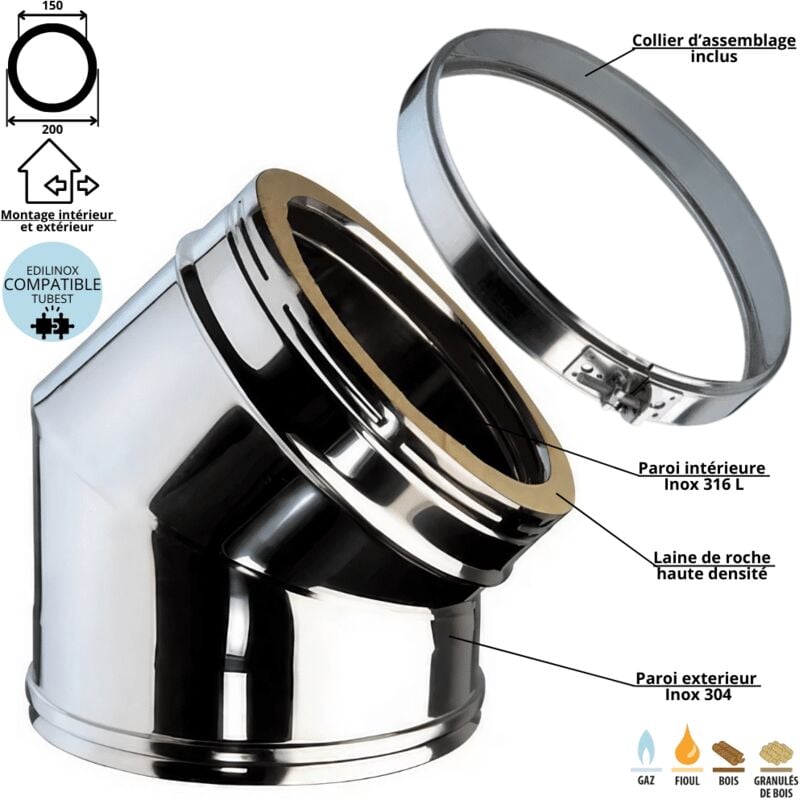 Coude 45 degrés conduit double paroi isolé Ediliso25 Edilinox Diamètre 150