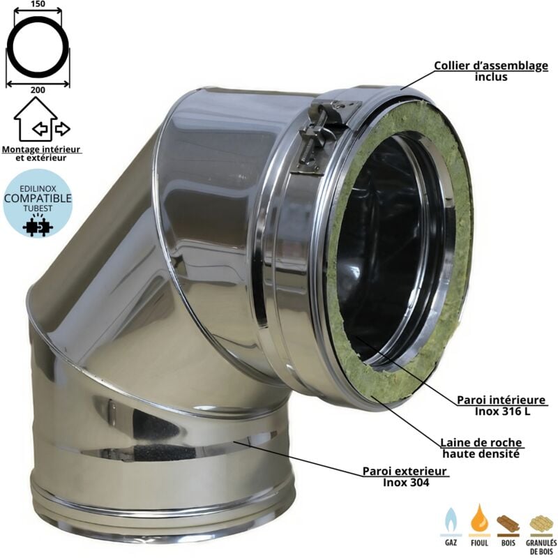 Coude 90 degrés conduit double paroi isolé Ediliso25 Edilinox Diamètre 150