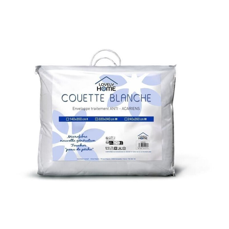 Couette 220 x 240 cm Lovely Home Chaude - 450 g/m² - Anti-acariens - 2 personnes - Blanc