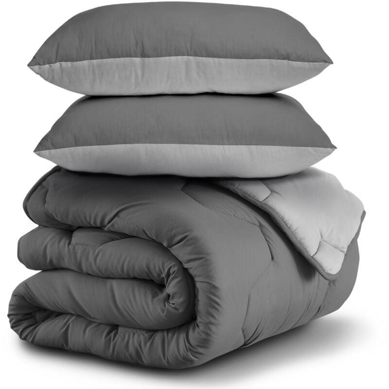 Couette 220x240 cm abby bicolore gris clair et gris 300 gr + 2 oreillers