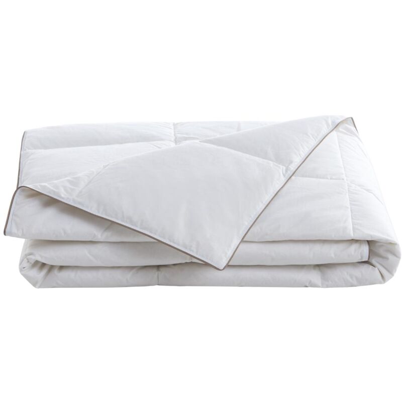 Couette anti-acariens enveloppe 100% percale - 220 x 240 cm - garnissage plumettes et duvet - 300 g/m2 - Blanc passepoil taupe - feath de palacio