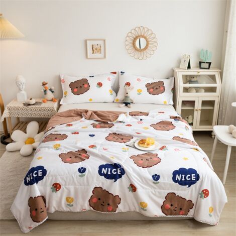Couette d'été légère en coton lavable, motif ours pudique, confort moelleux, dimensions 200x230cm, lavable en machine