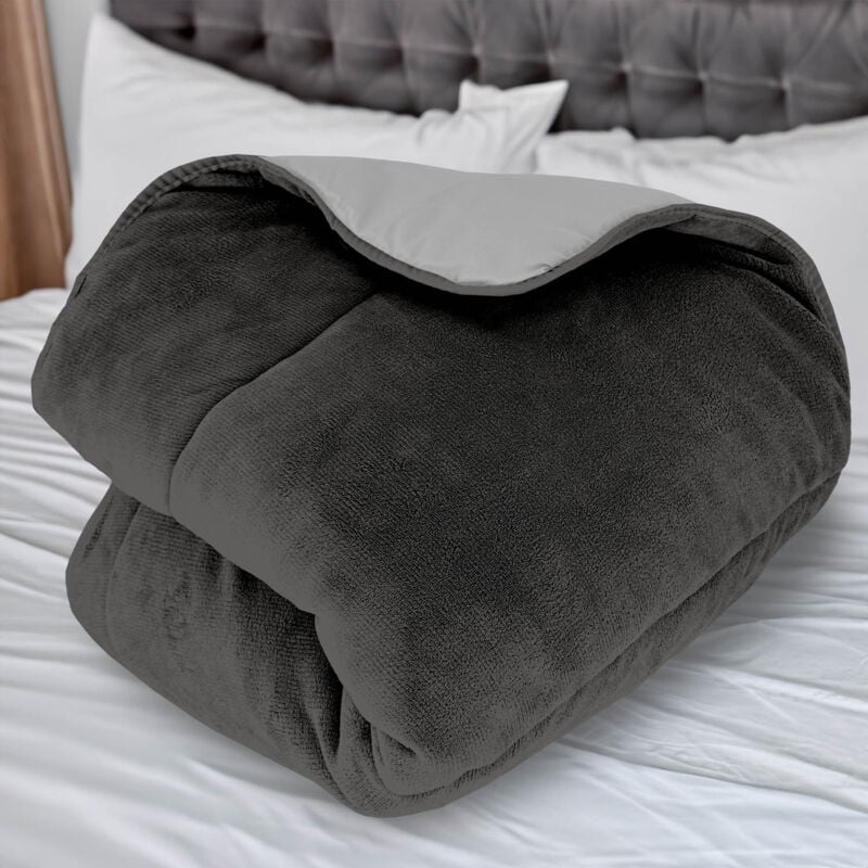 Couette doublée polaire microfibre 240x260 cm bicolore gris et anthracite, par Soleil d'ocre