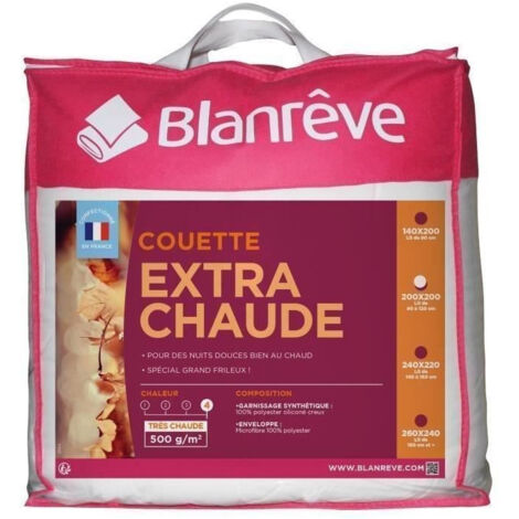 Couette extra chaude 200 x 200 cm en microfibre 100 % polyester – Garnissage fibre creuse siliconée 500 g/m² – Lavable en machine à 40°C – Blanreve