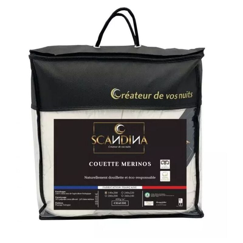 Couette hiver laine Merinos - 140 x 200 cm - 400g/m² - Made in France