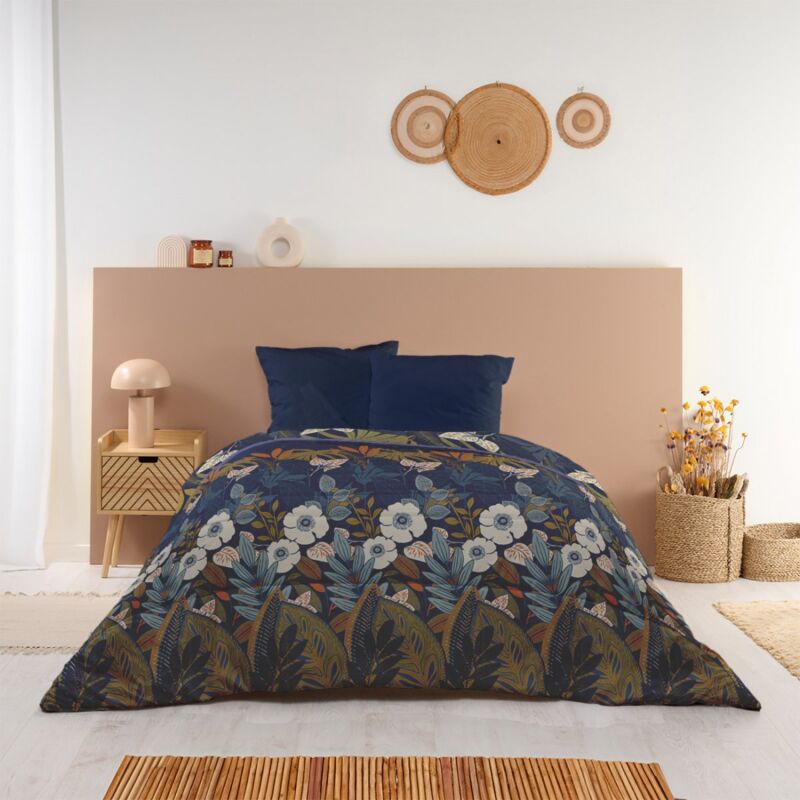 Bleu Calin - Couette imprimée Florale - Chaude 350g/m2 - 140x200cm