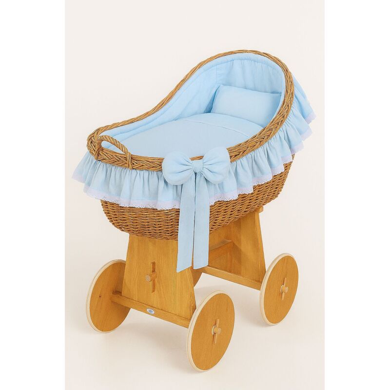 Couffin en osier Carina avec abri en osier - Literie naturelle et bleue