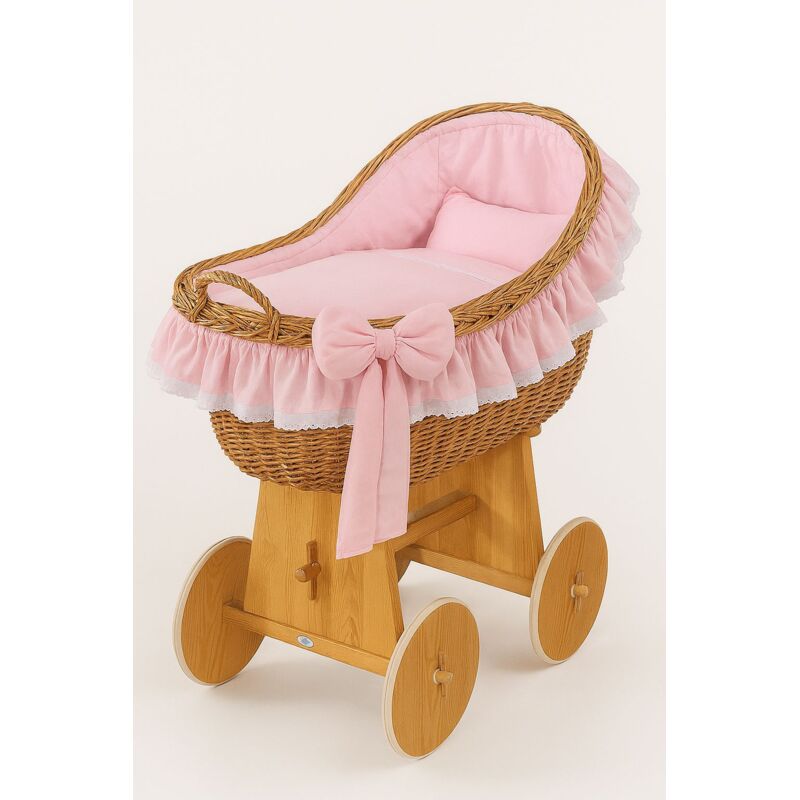 Couffin en osier Carina avec abri en osier - Literie naturelle et rose