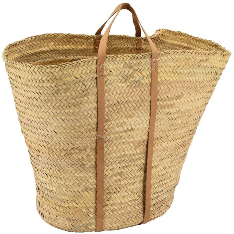 Maxi cabas en palmier avec anses en cuir
