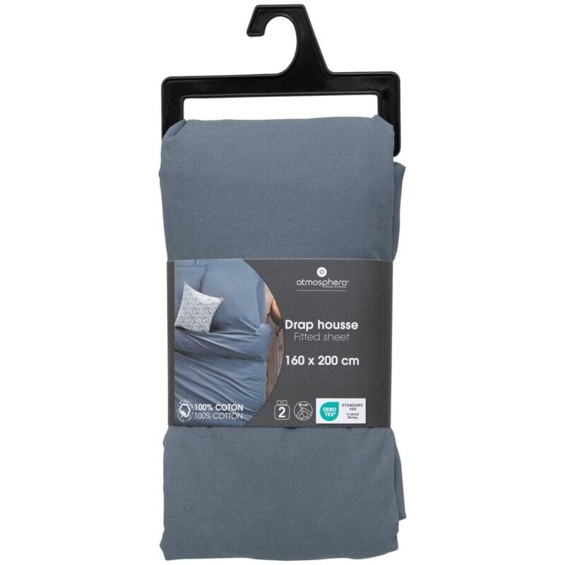 Drap-housse Carina en coton 160x200cm bleu orage Atmosphera créateur d'intérieur