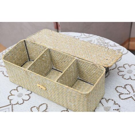 couleur Kaki Blanc Panier Rangement Jonc De Mer Avec Couvercle Rectangulaires Malle En Osier Avec Compartiment Pour Organiser Des Jouets De Collat