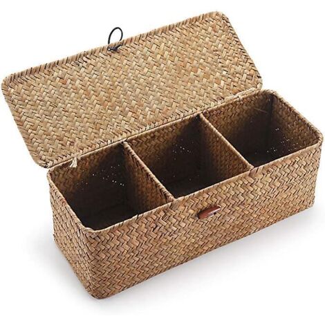 couleur Kaki Panier Rangement Jonc De Mer Avec Couvercle Rectangulaires Malle En Osier Avec Compartiment Pour Organiser Des Jouets De Collation En