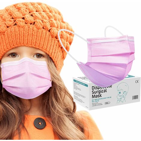 Couleur Masque Facial jetable pour Enfants, 100 pièces par boîte, Certifié CE Type II R Rose Imprimé Masques Filtrant À 95%, 3 Couches de Protection Respirant