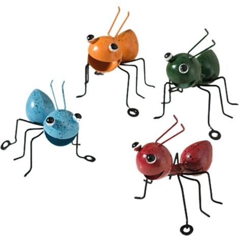 (Couleur:Orange, Rouge, Vert, Bleu)Lot de 4 décorations de fourmis en métal - Sculpture murale - Sculptures de jardin - Ornement coloré - Insecte mignon - Pour jardin