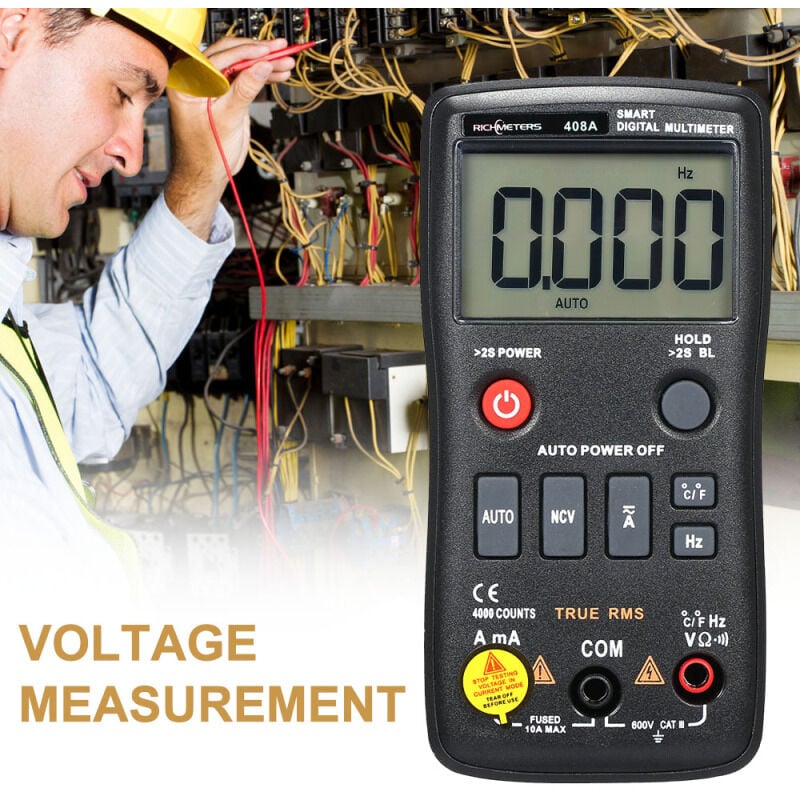 Multimètre numérique RICHMETERS RM408A 8 000 points True-RMS Plage automatique Tension AC/DC Mesure de la température Flash Rétroéclairage Grand écran