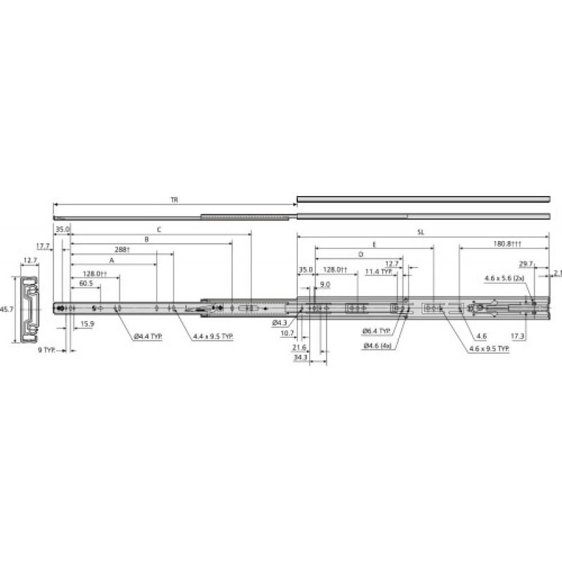 Coulisses à billes sortie totale avec amortisseur acier zingué noir long. 450 mm - charge jusqu'à 45kg/paire - 3832EC-B Accuride