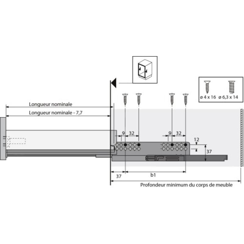 Coulisses à billes pour tiroir InnoTech Atira - charge 30kg - sortie totale - Quadro V6 Push to open - l 350 mm Hettich