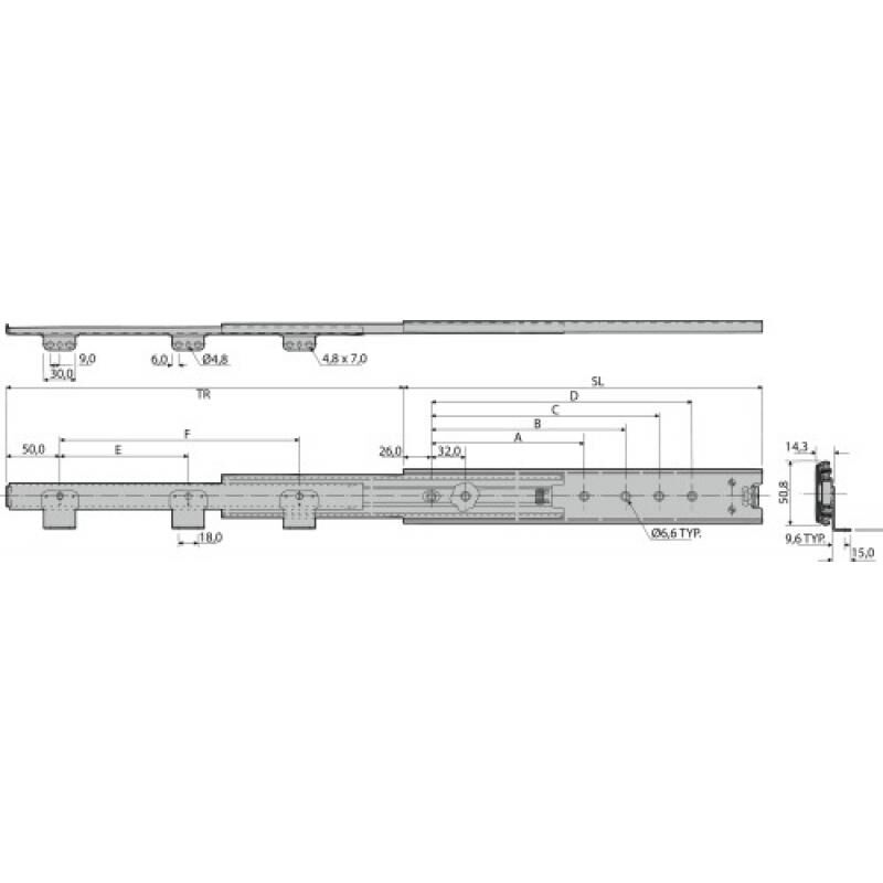 Coulisses à billes - charge 60 kg - sortie totale - DZ3301-60 600 mm Accuride