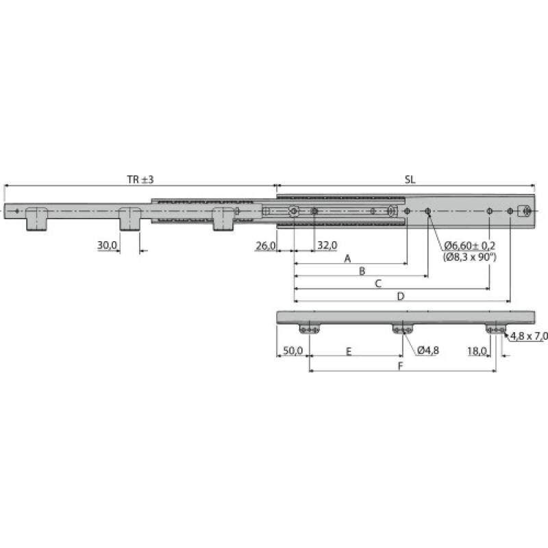 Coulisses à billes - charge 100 kg - sortie totale - Pour tiroir montage latéral avec plaque de montage - 5321-60 800 mm Accuride