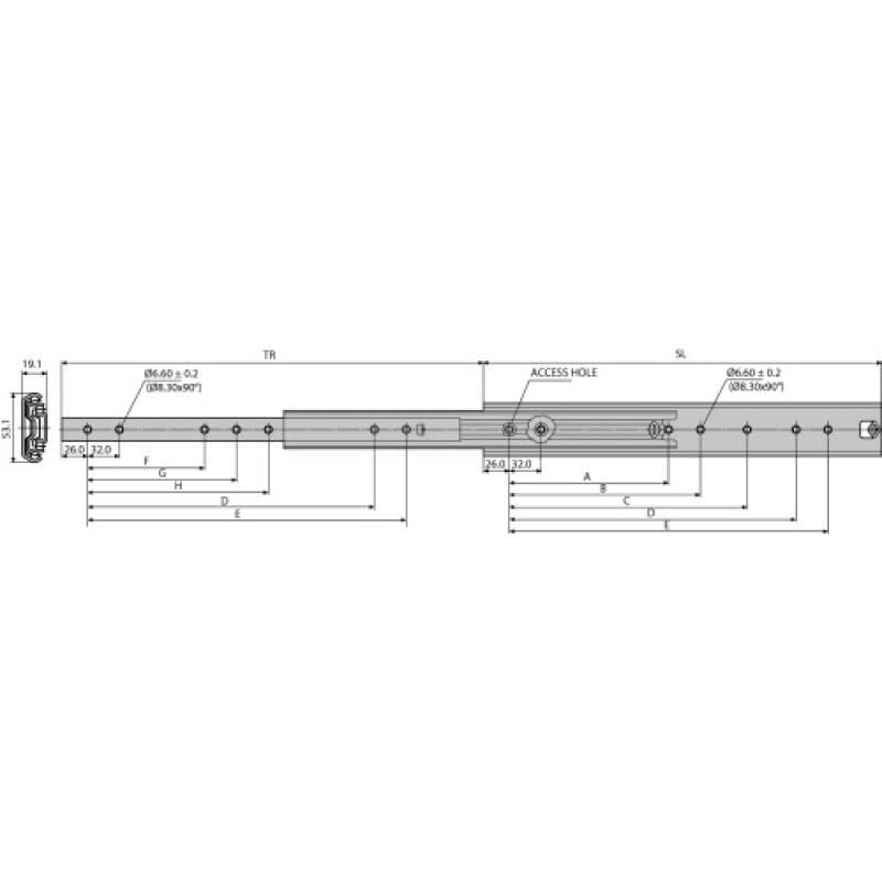 Coulisses à billes - charge 130 kg - sortie totale - Pour tiroir montage latéral - acier zingué - 5321 400 mm Accuride