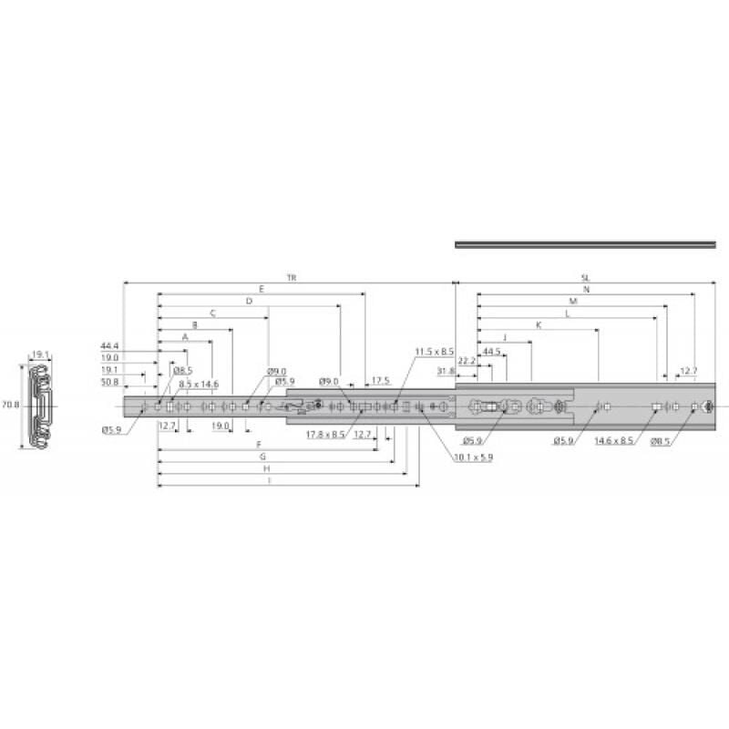 Coulisses à billes - charge 160 kg - sortie totale - Pour tiroir montage latéral - DZ7957 508,0 mm Accuride