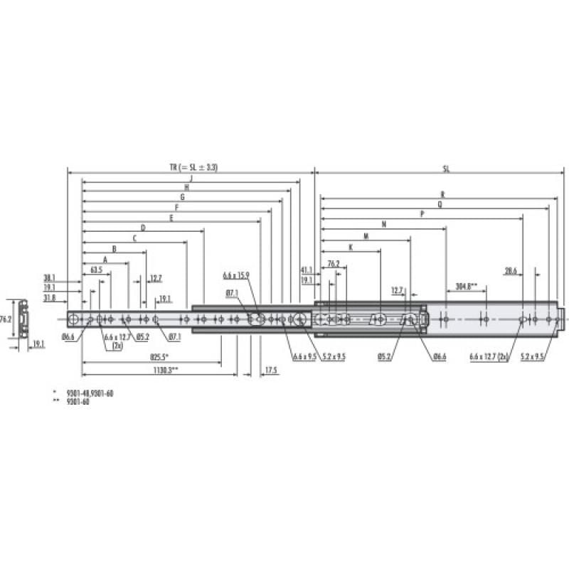 Coulisses à billes - charge 256 kg - sortie totale - Grande capacité jusqu à 1,50 m - 9301 - longueur 800 mm Accuride