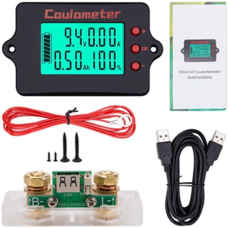 Coulometro USB 1 pezzo 8-120 V 100 A Tester digitale della capacità della batteria e voltmetro/amperometro con shunt per veicoli elettrici, camper, sistemi solari e monitoraggio della batteria
