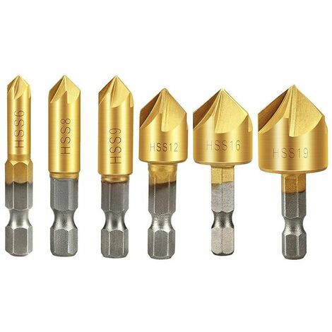 Countersink Drill Bit,  Countersink Drill Bit Set 6 Pcs 1/4'' Hex Shank HSS 5 Flute Countersink 90 Degree Center Punch Tool Sets For Wood Quick Change Bit 6mm-19mm